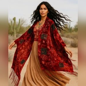 Boho Red Velvet Burnout Scarf Floral Abstract Art To Wear Sequin